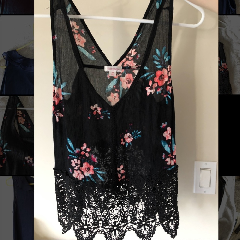 Xhilaration Black + Floral Crop Top with Lace Trim
